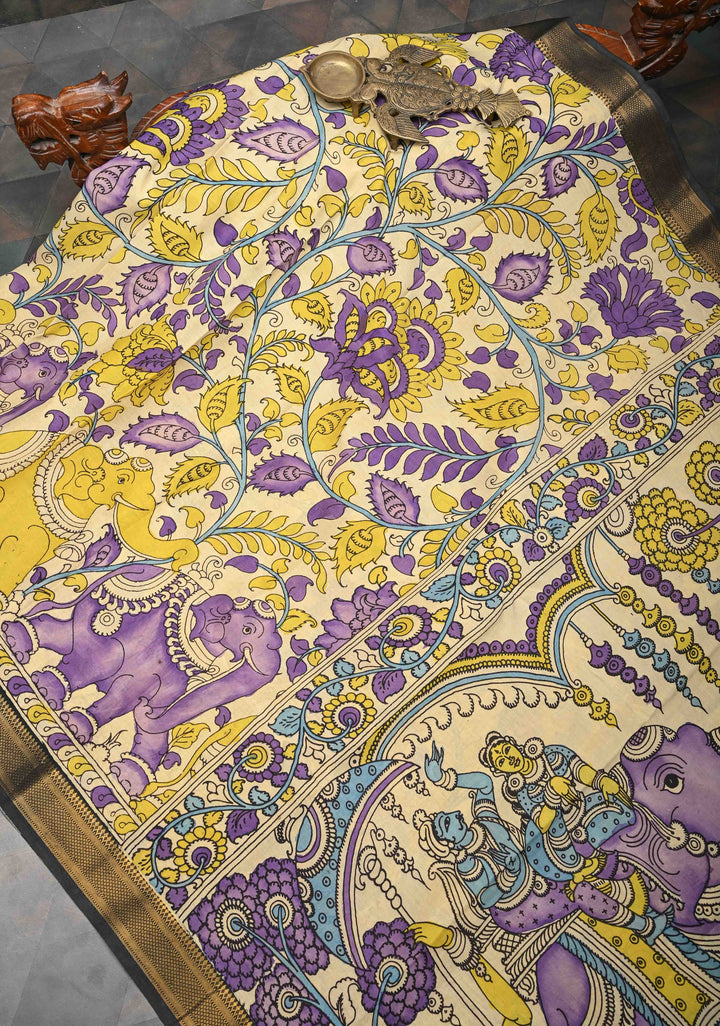 Elephant and Floral Theme : Beige Authentic Pen kalamkari on Mangalagiri Silk Saree with Zari Border