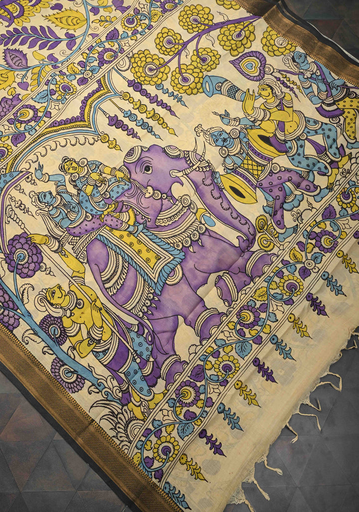 Elephant and Floral Theme : Beige Authentic Pen kalamkari on Mangalagiri Silk Saree with Zari Border