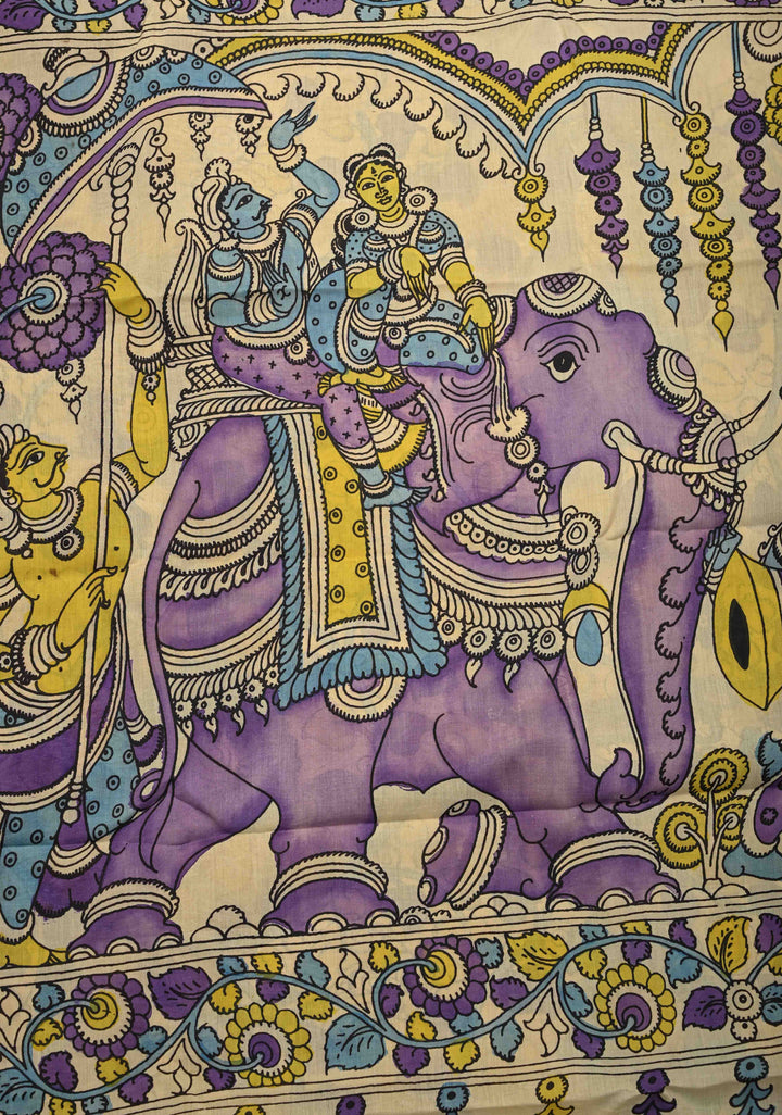 Elephant and Floral Theme : Beige Authentic Pen kalamkari on Mangalagiri Silk Saree with Zari Border