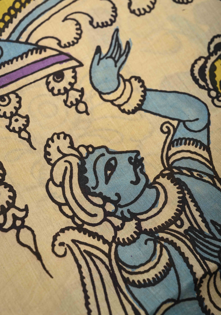 Elephant and Floral Theme : Beige Authentic Pen kalamkari on Mangalagiri Silk Saree with Zari Border