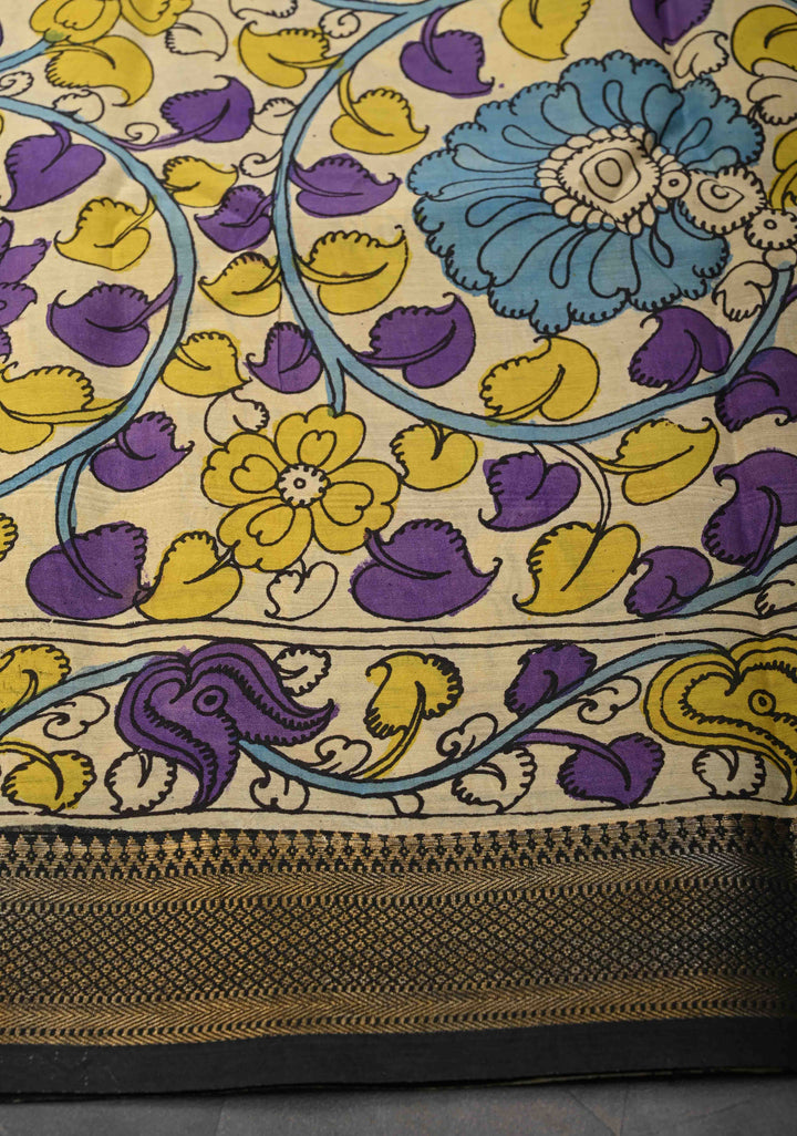 Elephant and Floral Theme : Beige Authentic Pen kalamkari on Mangalagiri Silk Saree with Zari Border