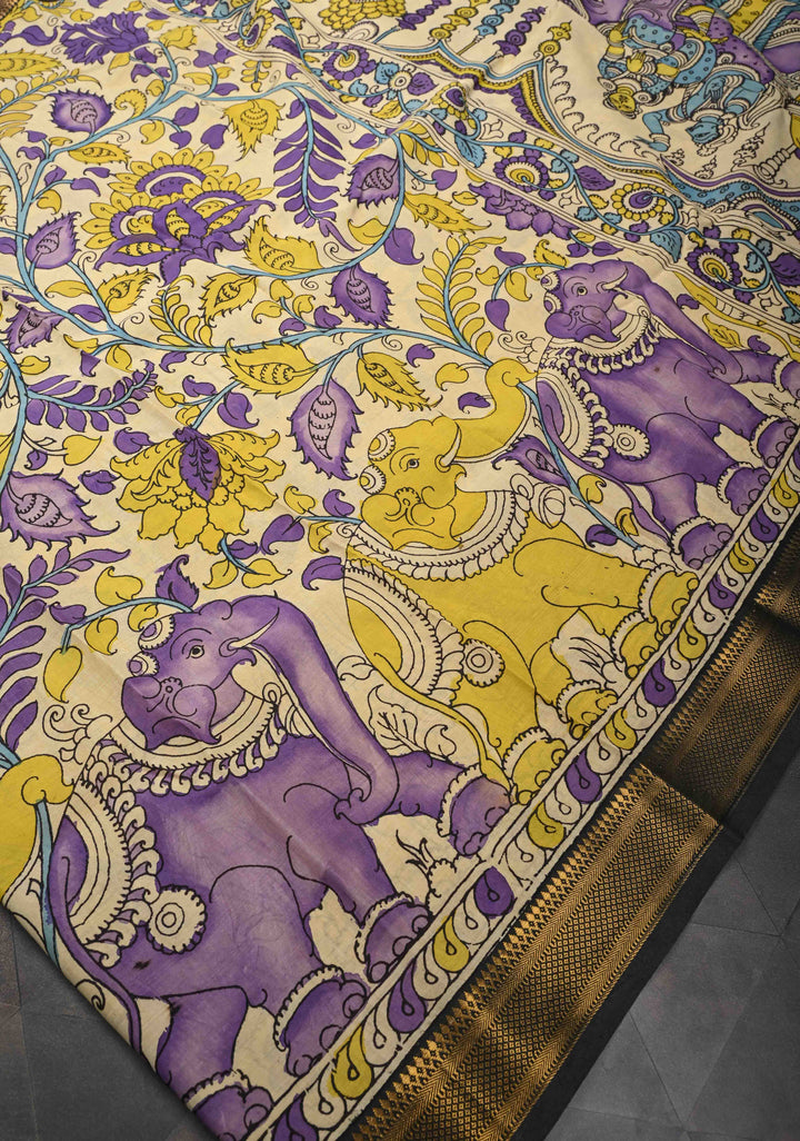 Elephant and Floral Theme : Beige Authentic Pen kalamkari on Mangalagiri Silk Saree with Zari Border