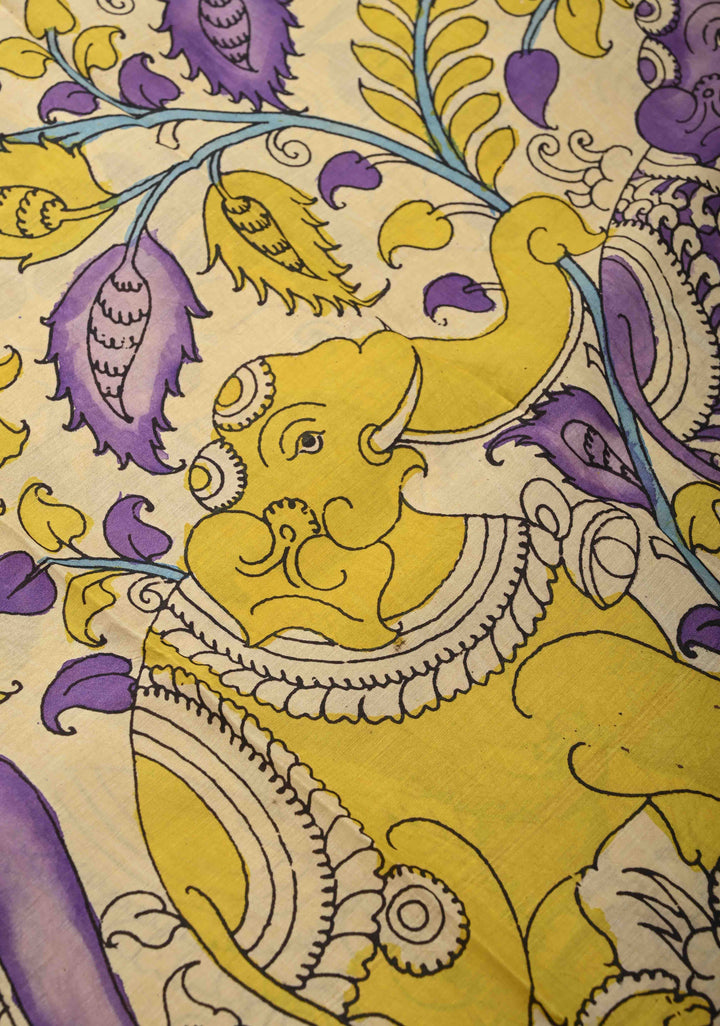 Elephant and Floral Theme : Beige Authentic Pen kalamkari on Mangalagiri Silk Saree with Zari Border