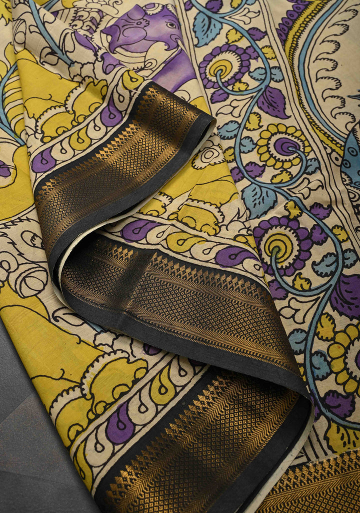 Elephant and Floral Theme : Beige Authentic Pen kalamkari on Mangalagiri Silk Saree with Zari Border