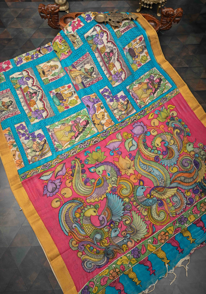 Musician Theme: Blue Authentic Pen kalamkari on Mangalagiri Silk Saree with Zari Border