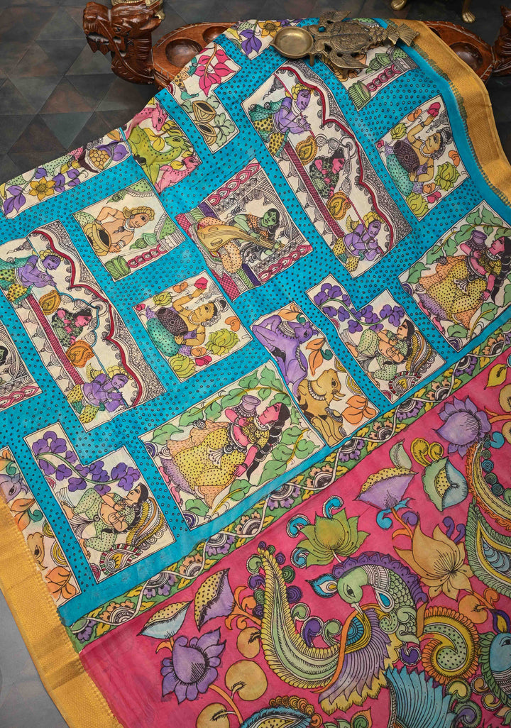 Musician Theme: Blue Authentic Pen kalamkari on Mangalagiri Silk Saree with Zari Border