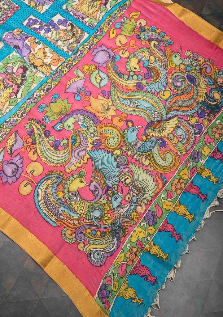 Musician Theme: Blue Authentic Pen kalamkari on Mangalagiri Silk Saree with Zari Border