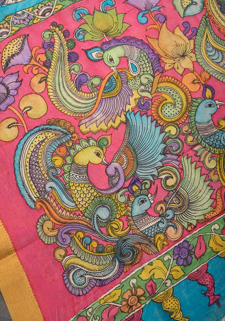 Musician Theme: Blue Authentic Pen kalamkari on Mangalagiri Silk Saree with Zari Border