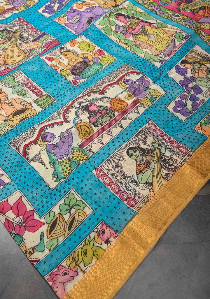 Musician Theme: Blue Authentic Pen kalamkari on Mangalagiri Silk Saree with Zari Border