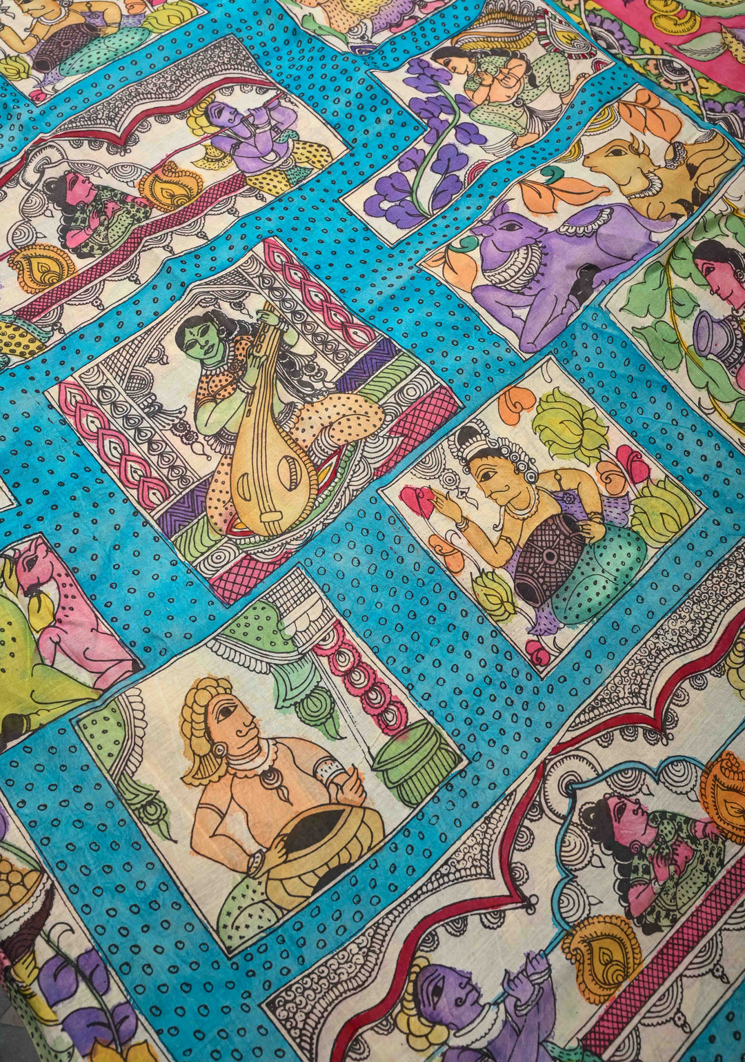 Musician Theme: Blue Authentic Pen kalamkari on Mangalagiri Silk Saree with Zari Border