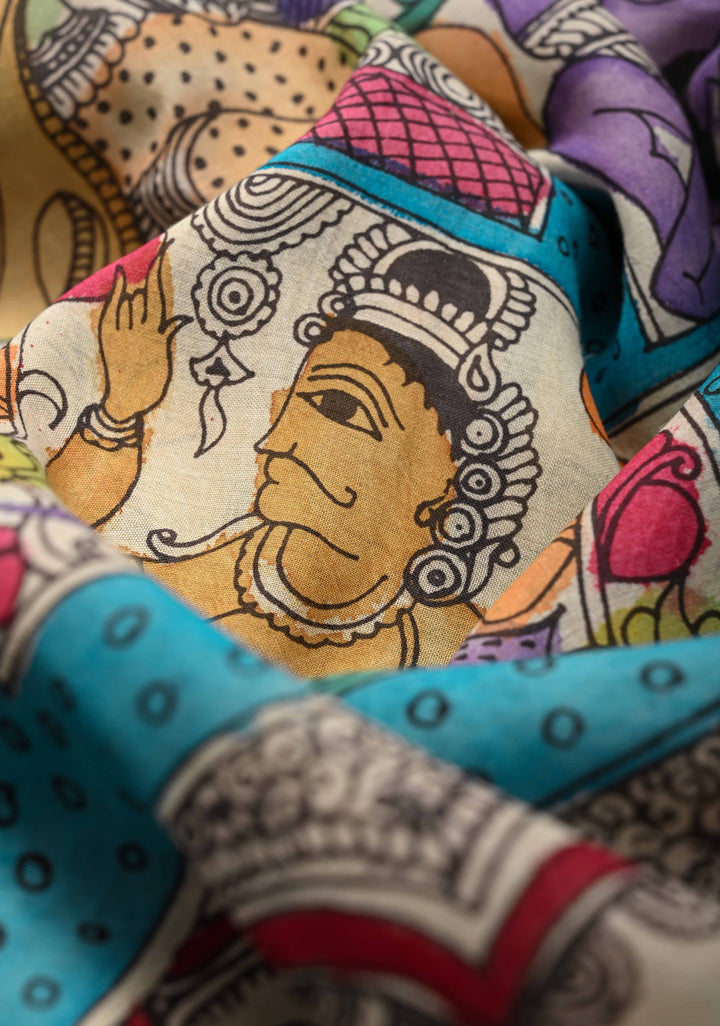 Musician Theme: Blue Authentic Pen kalamkari on Mangalagiri Silk Saree with Zari Border