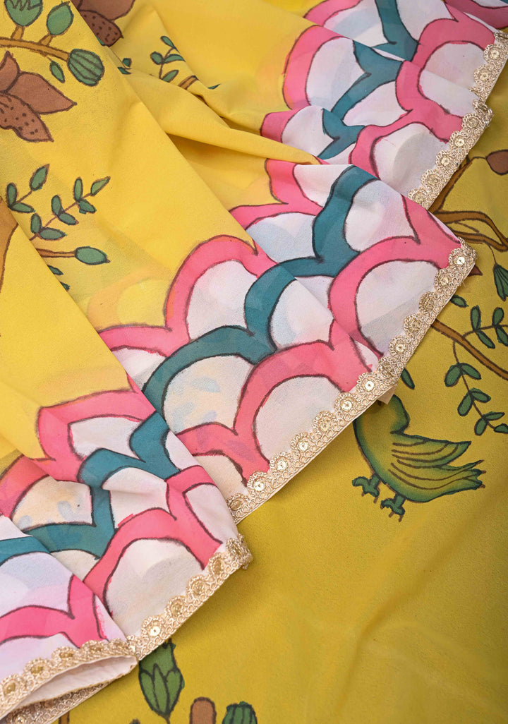 Floral and Birds Theme : Yellow Authentic pen kalamkari on pure Georgette Silk Saree with Lace Border | SILK MARK CERTIFIED