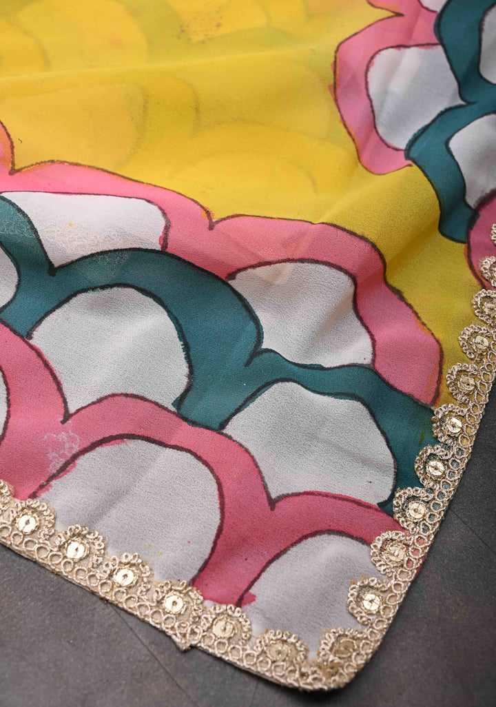 Floral and Birds Theme : Yellow Authentic pen kalamkari on pure Georgette Silk Saree with Lace Border | SILK MARK CERTIFIED