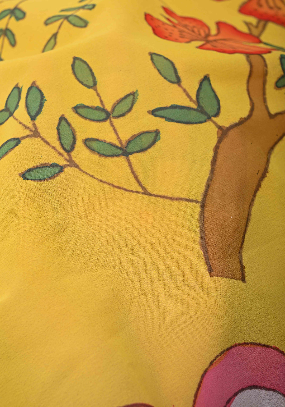 Floral and Birds Theme : Yellow Authentic pen kalamkari on pure Georgette Silk Saree with Lace Border | SILK MARK CERTIFIED