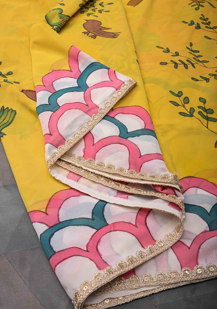 Floral and Birds Theme : Yellow Authentic pen kalamkari on pure Georgette Silk Saree with Lace Border | SILK MARK CERTIFIED