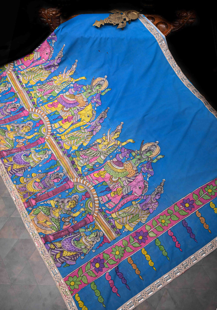 Urigempu Theme : Blue Authentic pen kalamkari on pure Georgette Silk Saree | SILK MARK CERTIFIED