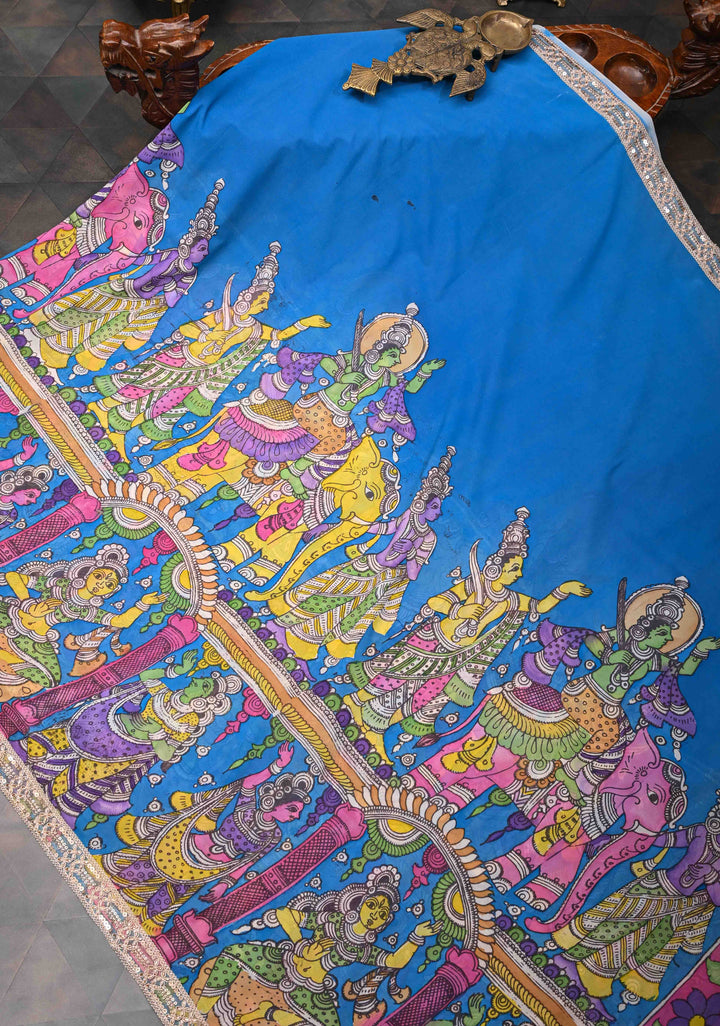 Urigempu Theme : Blue Authentic pen kalamkari on pure Georgette Silk Saree | SILK MARK CERTIFIED