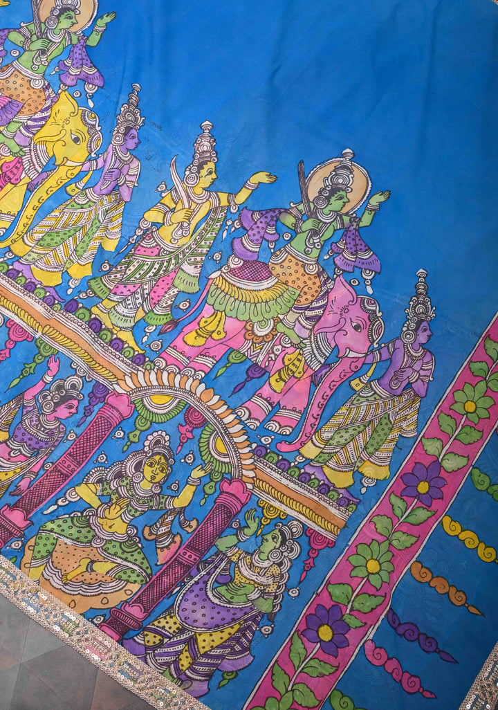 Urigempu Theme : Blue Authentic pen kalamkari on pure Georgette Silk Saree | SILK MARK CERTIFIED
