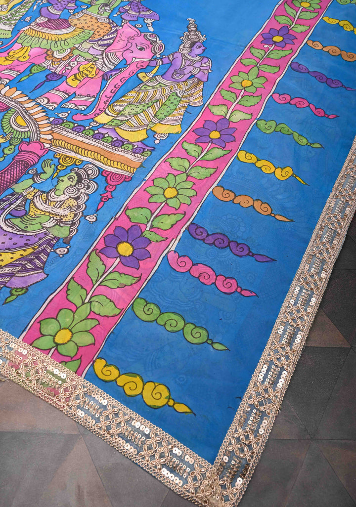 Urigempu Theme : Blue Authentic pen kalamkari on pure Georgette Silk Saree | SILK MARK CERTIFIED