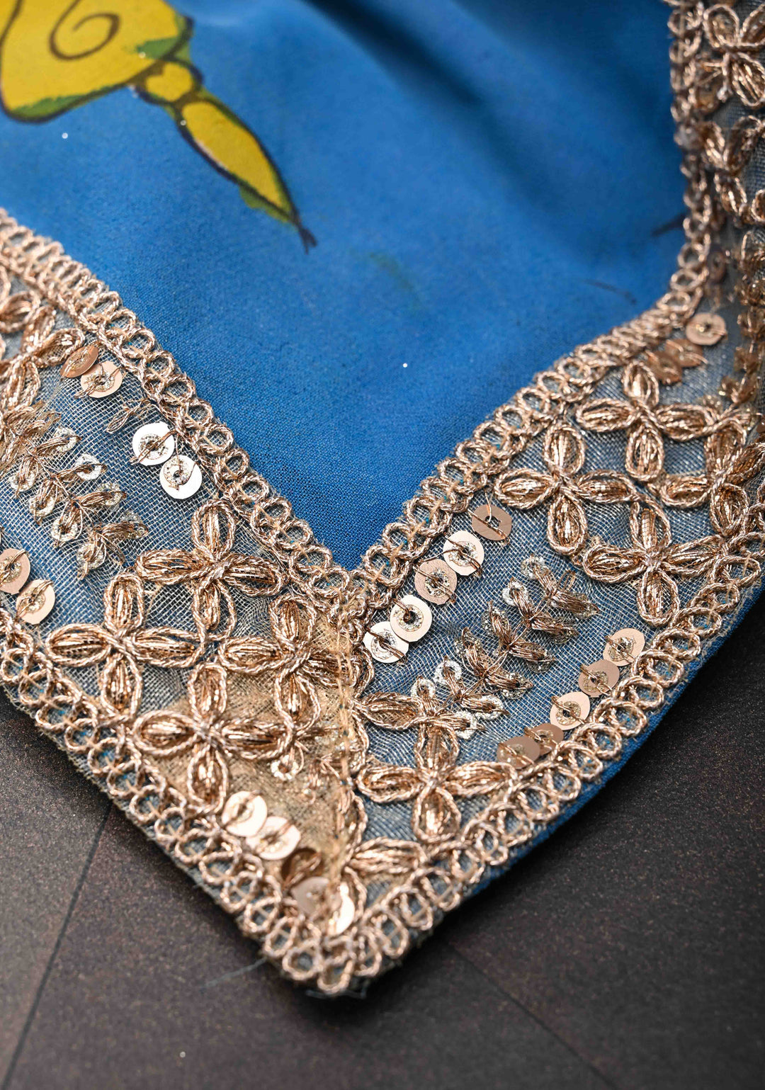 Urigempu Theme : Blue Authentic pen kalamkari on pure Georgette Silk Saree | SILK MARK CERTIFIED