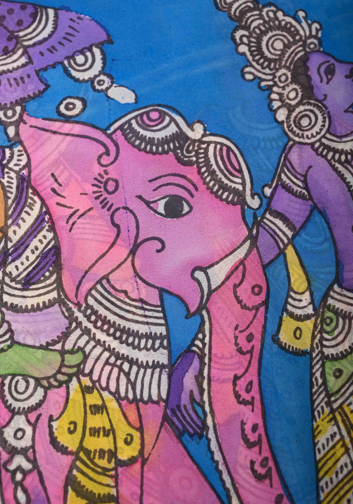 Urigempu Theme : Blue Authentic pen kalamkari on pure Georgette Silk Saree | SILK MARK CERTIFIED