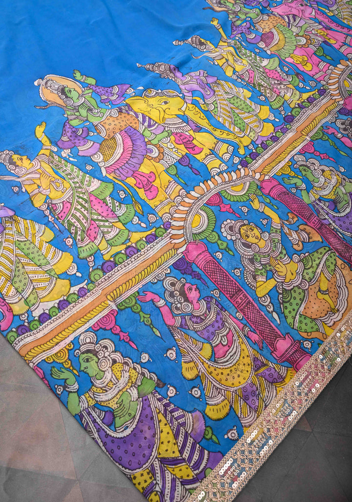 Urigempu Theme : Blue Authentic pen kalamkari on pure Georgette Silk Saree | SILK MARK CERTIFIED