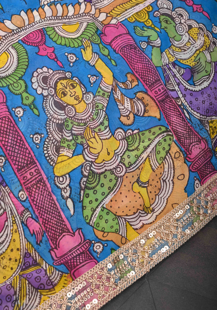 Urigempu Theme : Blue Authentic pen kalamkari on pure Georgette Silk Saree | SILK MARK CERTIFIED