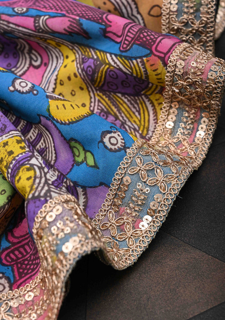 Urigempu Theme : Blue Authentic pen kalamkari on pure Georgette Silk Saree | SILK MARK CERTIFIED