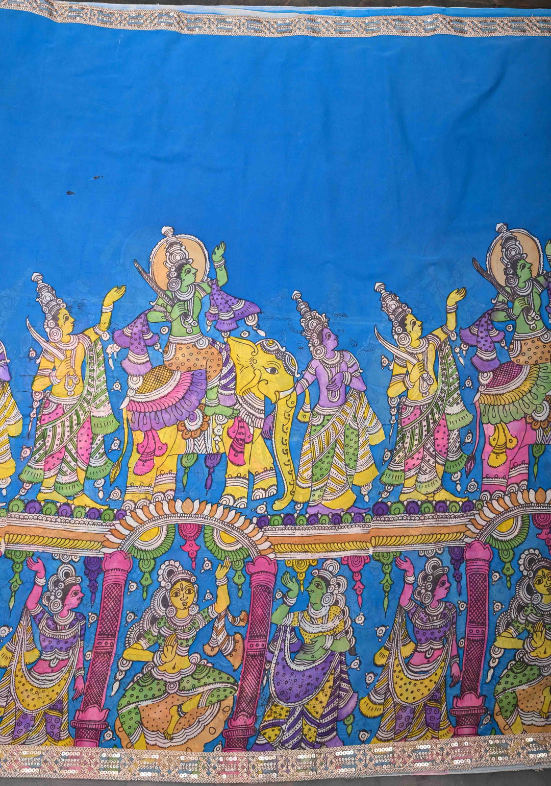 Urigempu Theme : Blue Authentic pen kalamkari on pure Georgette Silk Saree | SILK MARK CERTIFIED