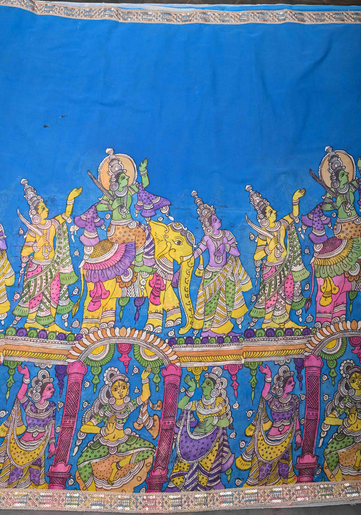 Urigempu Theme : Blue Authentic pen kalamkari on pure Georgette Silk Saree | SILK MARK CERTIFIED