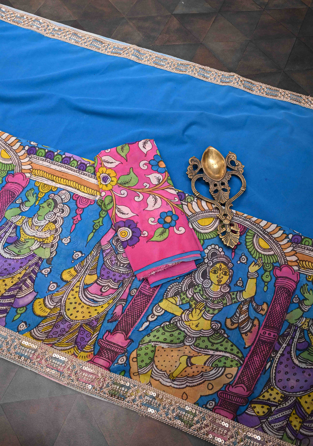Urigempu Theme : Blue Authentic pen kalamkari on pure Georgette Silk Saree | SILK MARK CERTIFIED