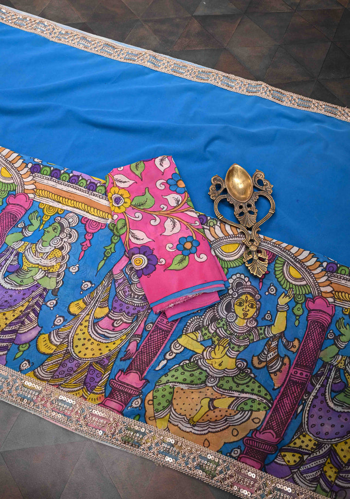 Urigempu Theme : Blue Authentic pen kalamkari on pure Georgette Silk Saree | SILK MARK CERTIFIED