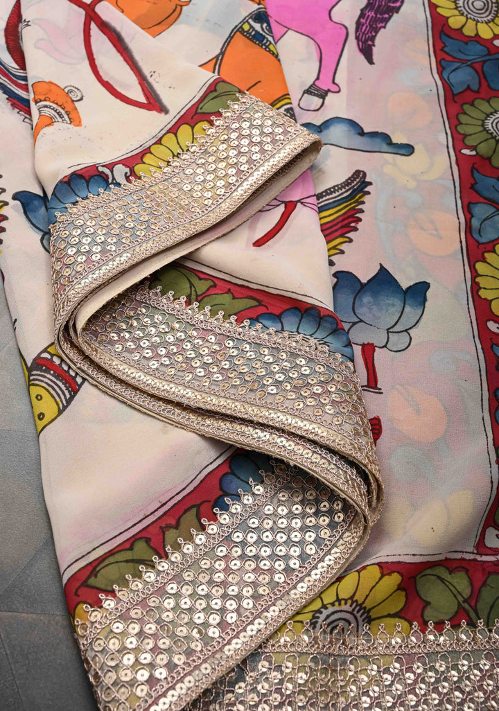 Radhakrishna pallu : Off White Authentic pen kalamkari on pure Georgette Silk Saree with Lace Border | SILK MARK CERTIFIED