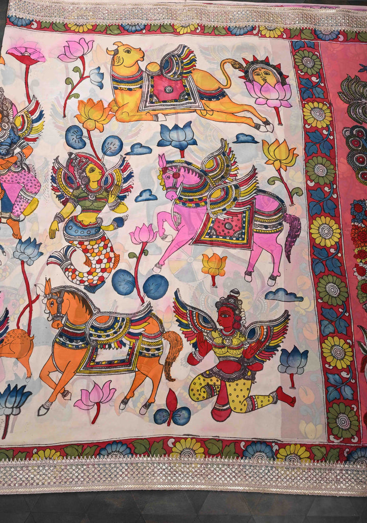 Radhakrishna pallu : Off White Authentic pen kalamkari on pure Georgette Silk Saree with Lace Border | SILK MARK CERTIFIED
