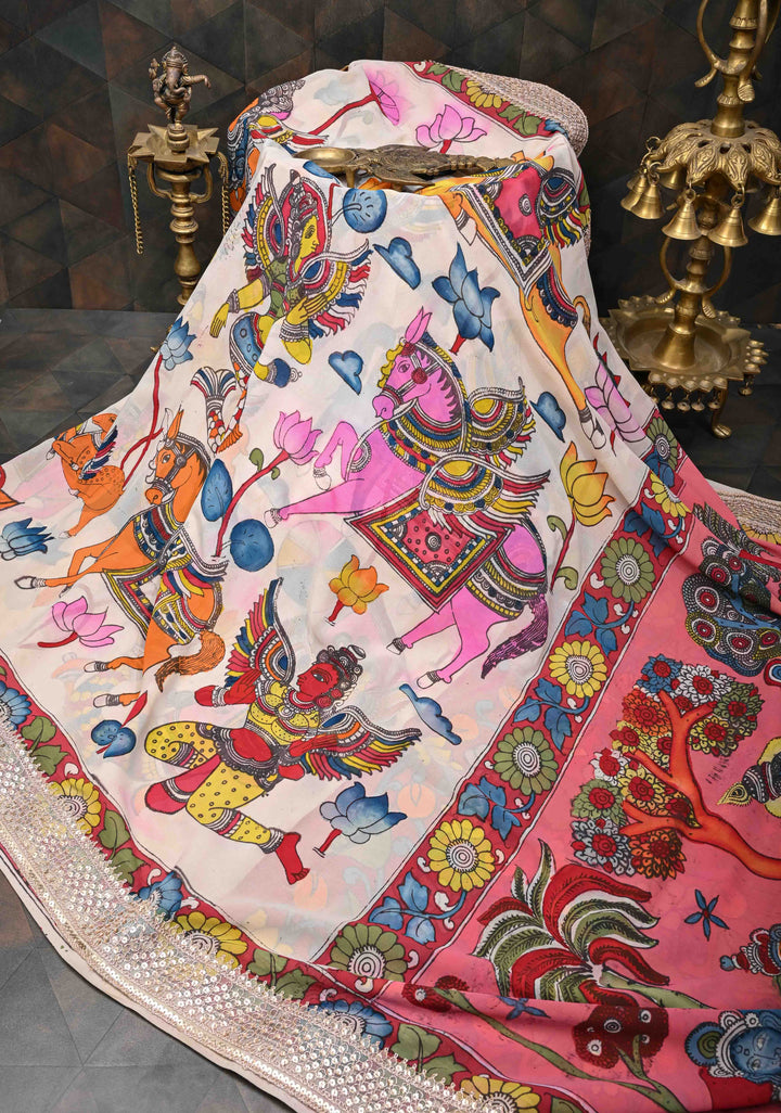 Radhakrishna pallu : Off White Authentic pen kalamkari on pure Georgette Silk Saree with Lace Border | SILK MARK CERTIFIED