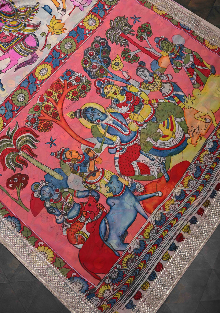 Radhakrishna pallu : Off White Authentic pen kalamkari on pure Georgette Silk Saree with Lace Border | SILK MARK CERTIFIED