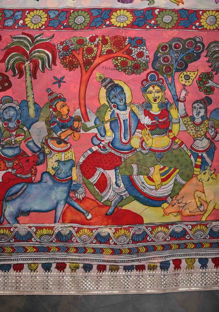 Radhakrishna pallu : Off White Authentic pen kalamkari on pure Georgette Silk Saree with Lace Border | SILK MARK CERTIFIED