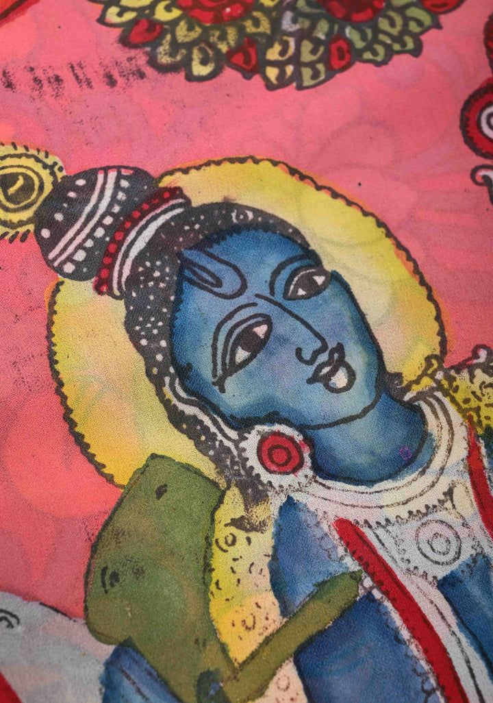 Radhakrishna pallu : Off White Authentic pen kalamkari on pure Georgette Silk Saree with Lace Border | SILK MARK CERTIFIED