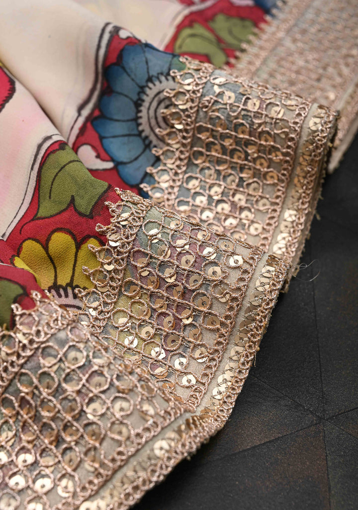 Radhakrishna pallu : Off White Authentic pen kalamkari on pure Georgette Silk Saree with Lace Border | SILK MARK CERTIFIED