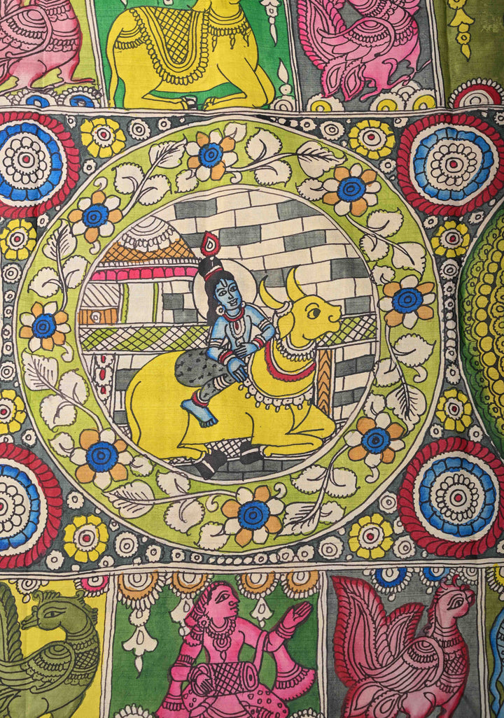 Krishna and Pichwai Theme :  Authentic Green Pen kalamkari on Pure Kanjivaram Silk Saree with Navy Contrast base Zari Border | SILK MARK CERTIFIED