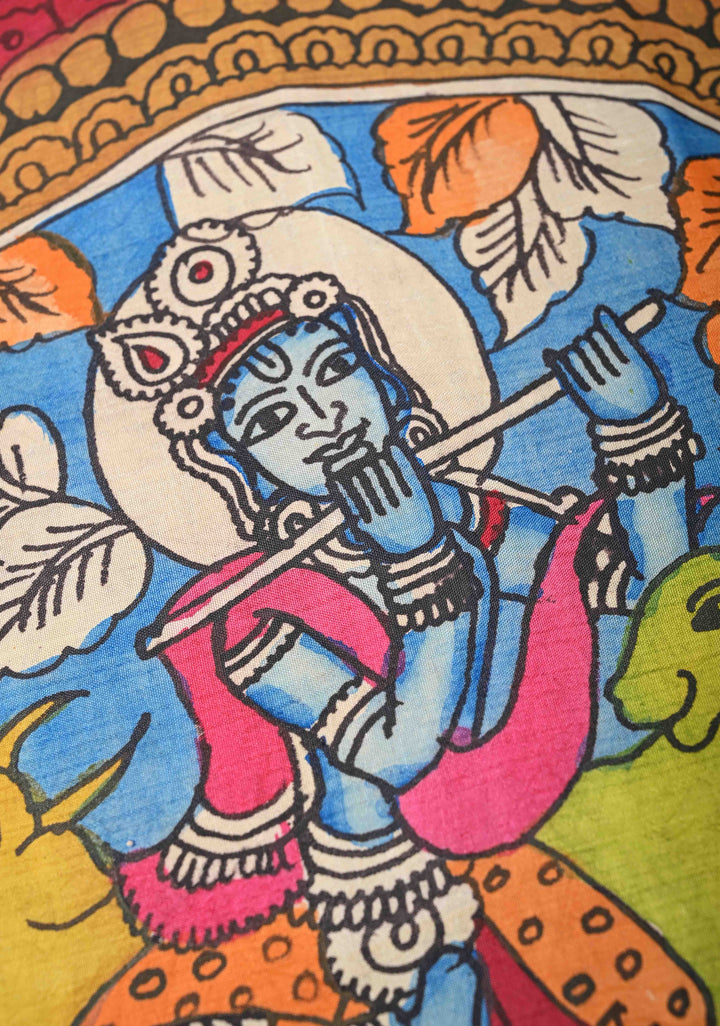Krishna and Pichwai Theme :  Authentic Green Pen kalamkari on Pure Kanjivaram Silk Saree with Navy Contrast base Zari Border | SILK MARK CERTIFIED