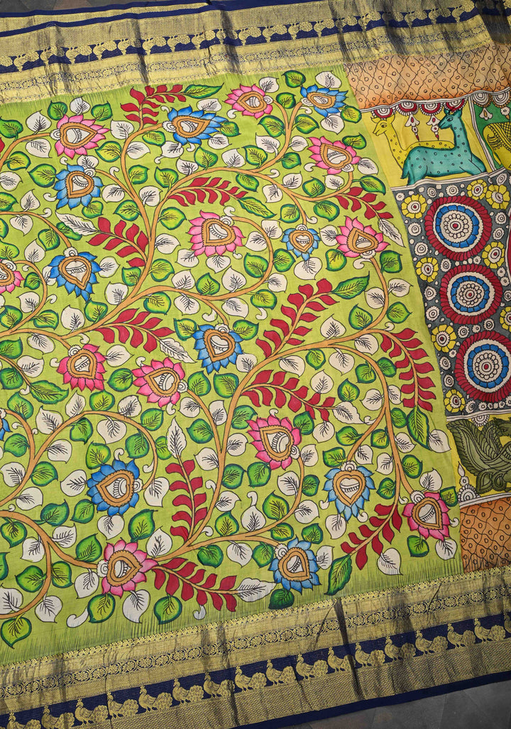 Krishna and Pichwai Theme :  Authentic Green Pen kalamkari on Pure Kanjivaram Silk Saree with Navy Contrast base Zari Border | SILK MARK CERTIFIED