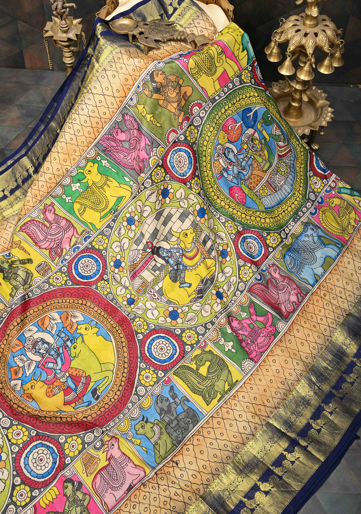 Krishna and Pichwai Theme :  Authentic Green Pen kalamkari on Pure Kanjivaram Silk Saree with Navy Contrast base Zari Border | SILK MARK CERTIFIED