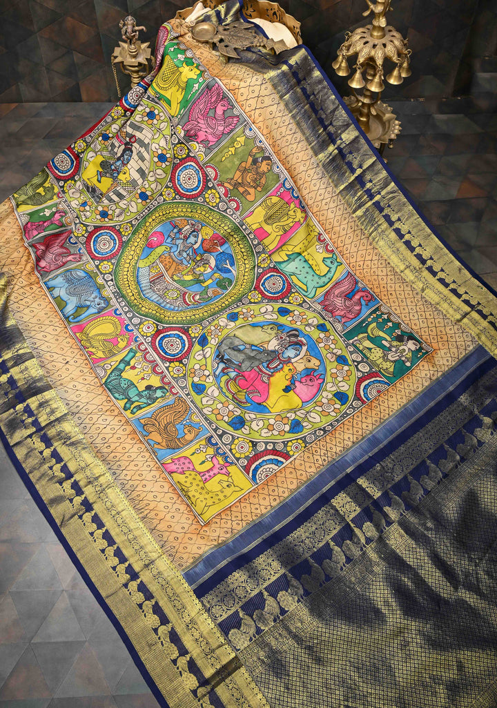 Krishna and Pichwai Theme :  Authentic Green Pen kalamkari on Pure Kanjivaram Silk Saree with Navy Contrast base Zari Border | SILK MARK CERTIFIED