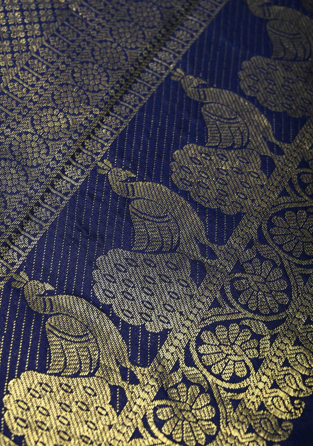Krishna and Pichwai Theme :  Authentic Green Pen kalamkari on Pure Kanjivaram Silk Saree with Navy Contrast base Zari Border | SILK MARK CERTIFIED