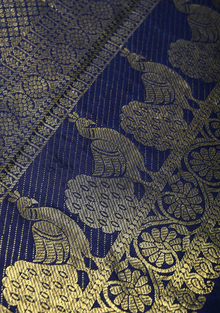 Krishna and Pichwai Theme :  Authentic Green Pen kalamkari on Pure Kanjivaram Silk Saree with Navy Contrast base Zari Border | SILK MARK CERTIFIED