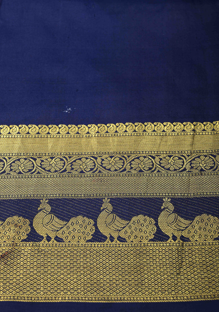 Krishna and Pichwai Theme :  Authentic Green Pen kalamkari on Pure Kanjivaram Silk Saree with Navy Contrast base Zari Border | SILK MARK CERTIFIED