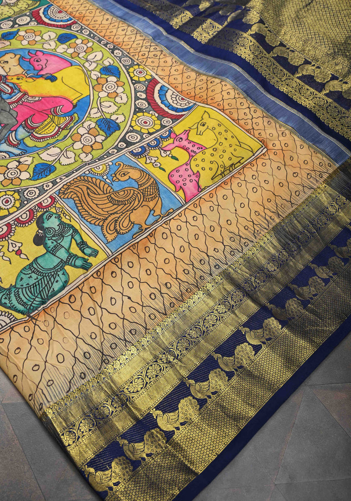 Krishna and Pichwai Theme :  Authentic Green Pen kalamkari on Pure Kanjivaram Silk Saree with Navy Contrast base Zari Border | SILK MARK CERTIFIED