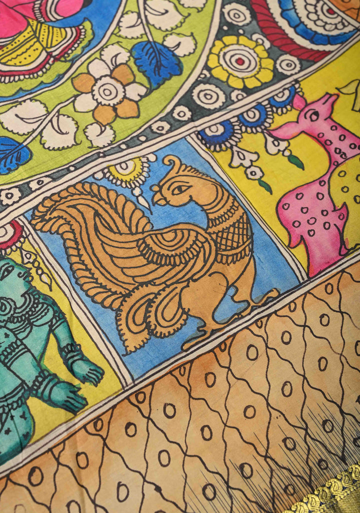 Krishna and Pichwai Theme :  Authentic Green Pen kalamkari on Pure Kanjivaram Silk Saree with Navy Contrast base Zari Border | SILK MARK CERTIFIED