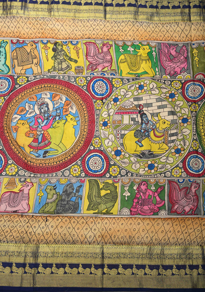 Krishna and Pichwai Theme :  Authentic Green Pen kalamkari on Pure Kanjivaram Silk Saree with Navy Contrast base Zari Border | SILK MARK CERTIFIED